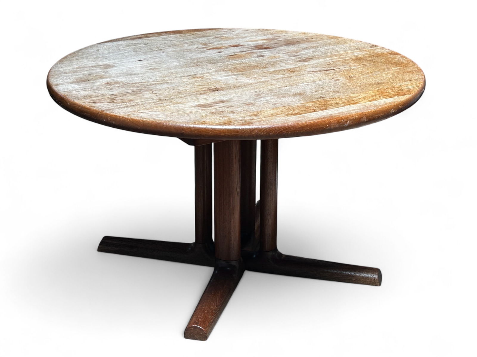 Dyrlund Teak Dining Table.: This Danish table comes with two leaves. The top is very sun faded, and has stains. The leaves are less sun faded, but have lots of water rings. Structurally, the table is very sturdy. It measures 28