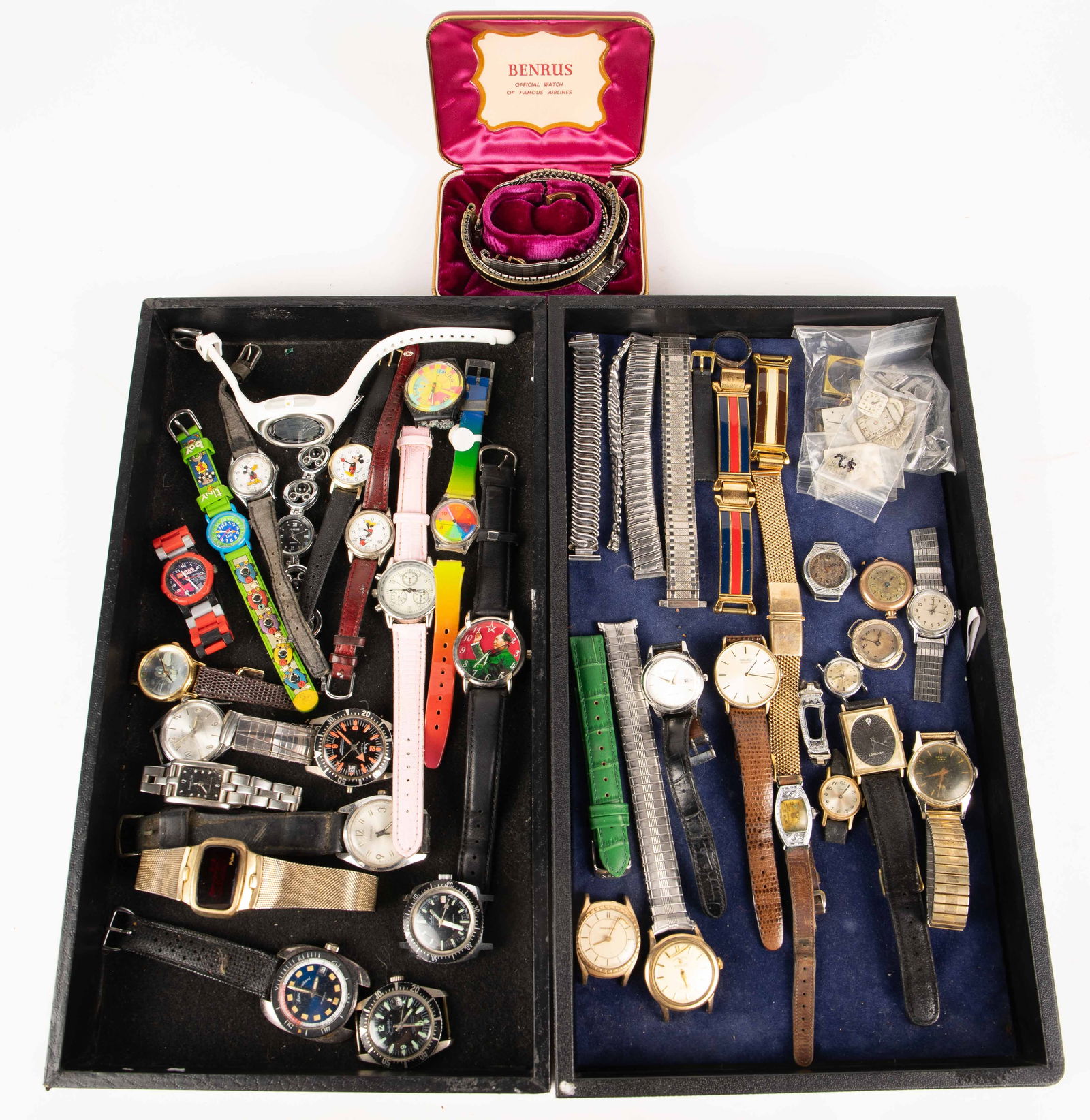 Lot of 33 Watches & Watch Parts - Longines, Seiko.: The lot contains 33 wristwatches, some without bands, and a small group of watch faces and watch bands. The watches included are Seiko quartz, Bulova, Longines 10K gold filled, Bendix 17 jewels, Grand