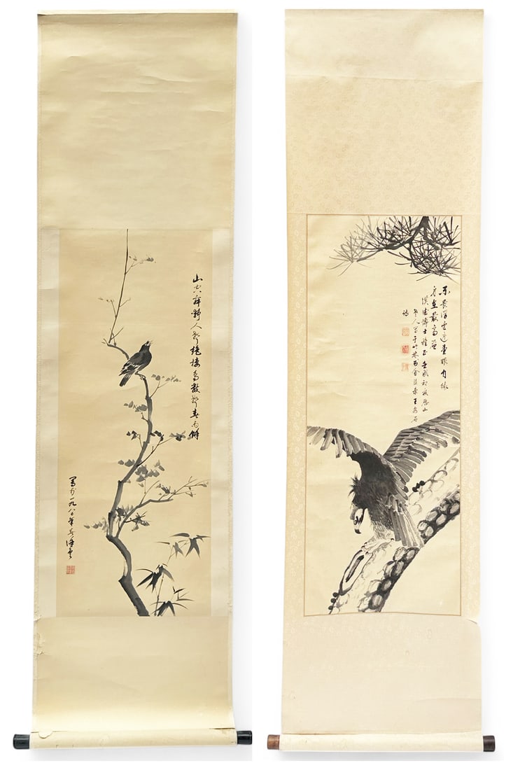 Lot of 2 Chinese Ink on Paper Scrolls.: Both pieces are artist signed. They are by the same artist. One of the scrolls has a tear on the silk portion. Both pieces have a few minor wrinkles, but otherwise, they are in good overall condition.