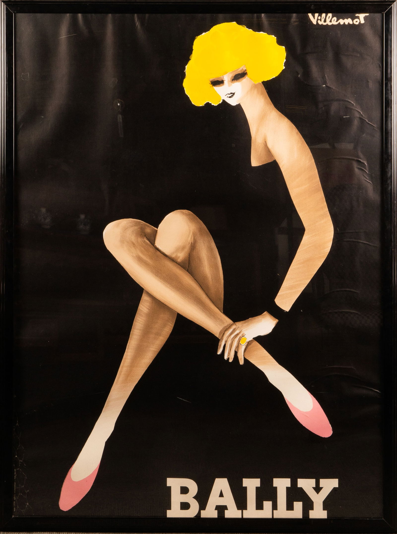 Large Original Bally Blonde Poster, Villemot.: This vintage French advertising poster for Bally was designed by Bernard Villemot in the early 1980s. The Grande sized poster is protected in a frame behind an acrylic panel. It is marked "Imp P.A. 94