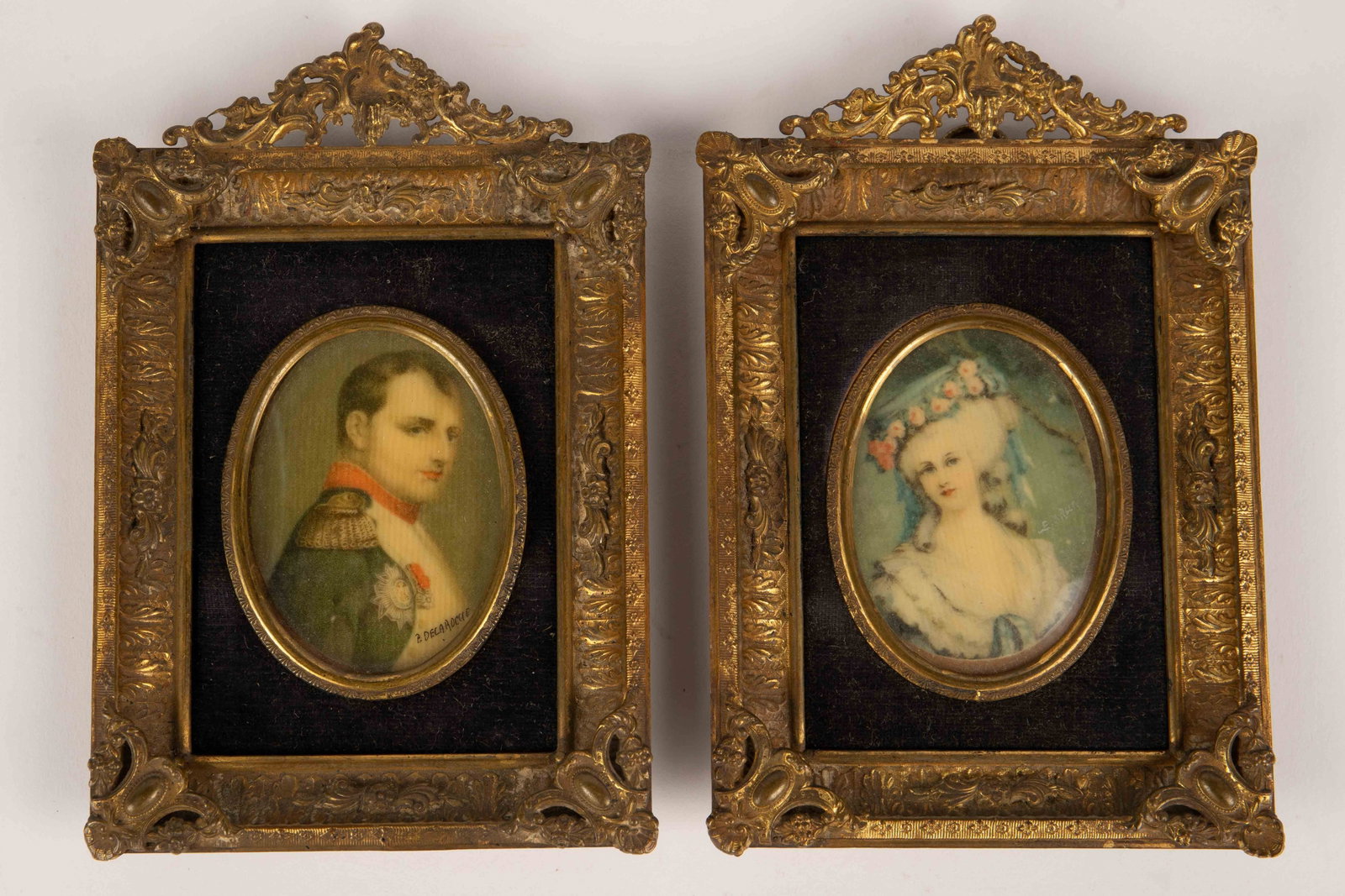 Napolean & Josephine Miniature Portraits.: The lot contains 2 miniature portraits in matching filigree brass frames. The portrait of Napolean is signed R. Decaroche, and Josephine's portrait is signed E. Brilla. The portraits measure 2 1/4" x 