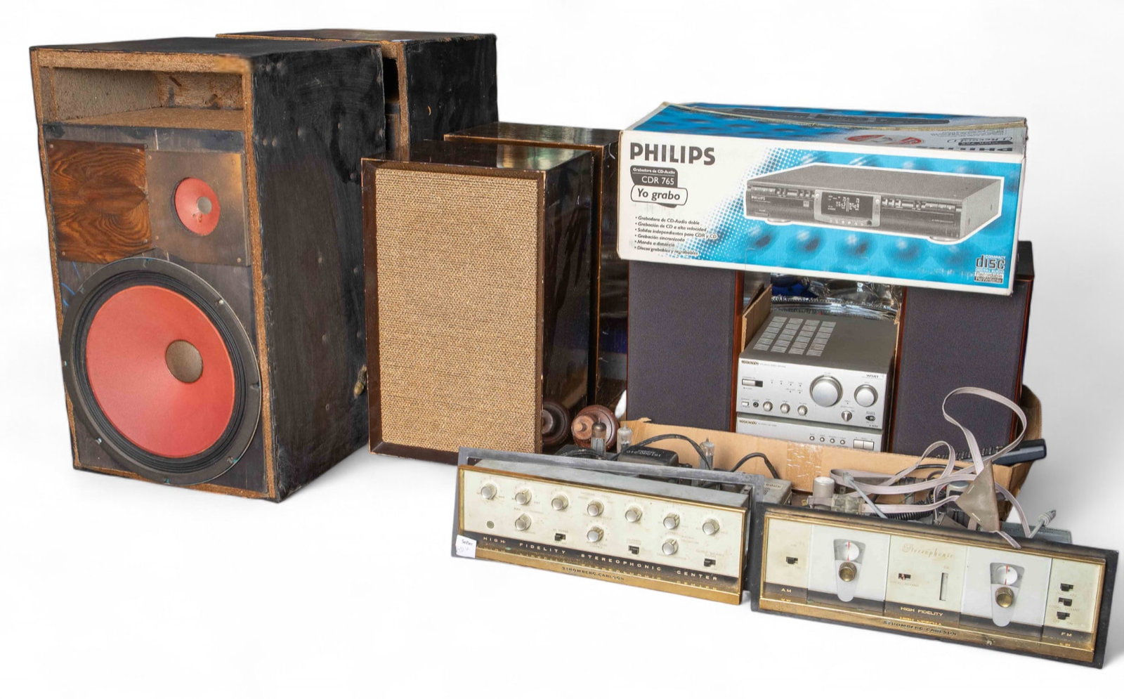 Lot of Vintage Stereo Equipment & More.: The lot includes 11 items. First, there is a pair of model LK-486 Acoustical Labyrinth Stromberg-Carlson speakers, and a pair of model SP-116 Centro Stereo Griffin Boeki speakers. Next, there is an On