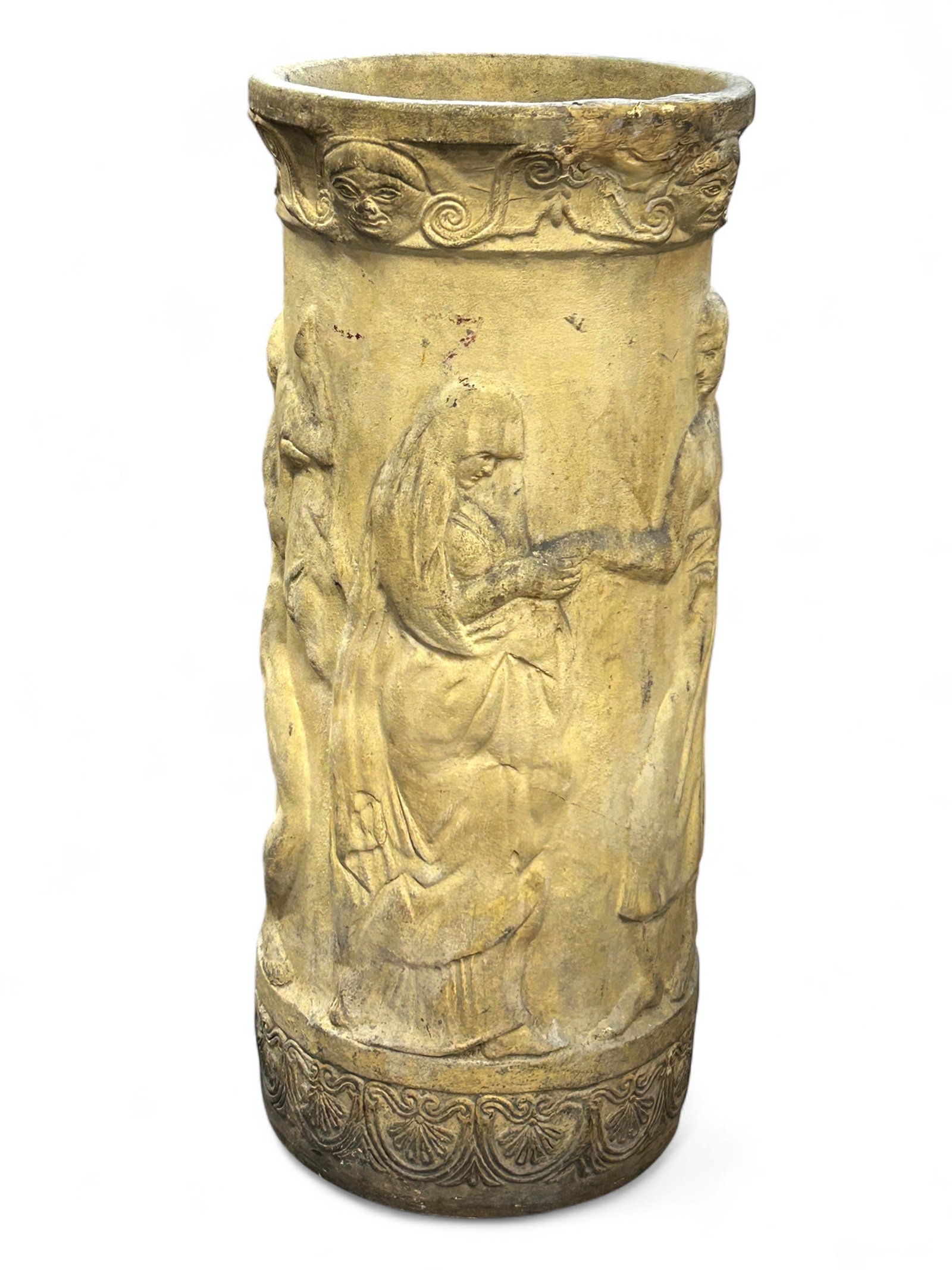 Antique Terracotta Sand Ashtray or Planter.: The antique sand ashtray can be used as an umbrella holder or planter. It is adorned with figures and faces. It measures 23" x 10". There are some scratches, scuffs, and indentations on the piece. Thi
