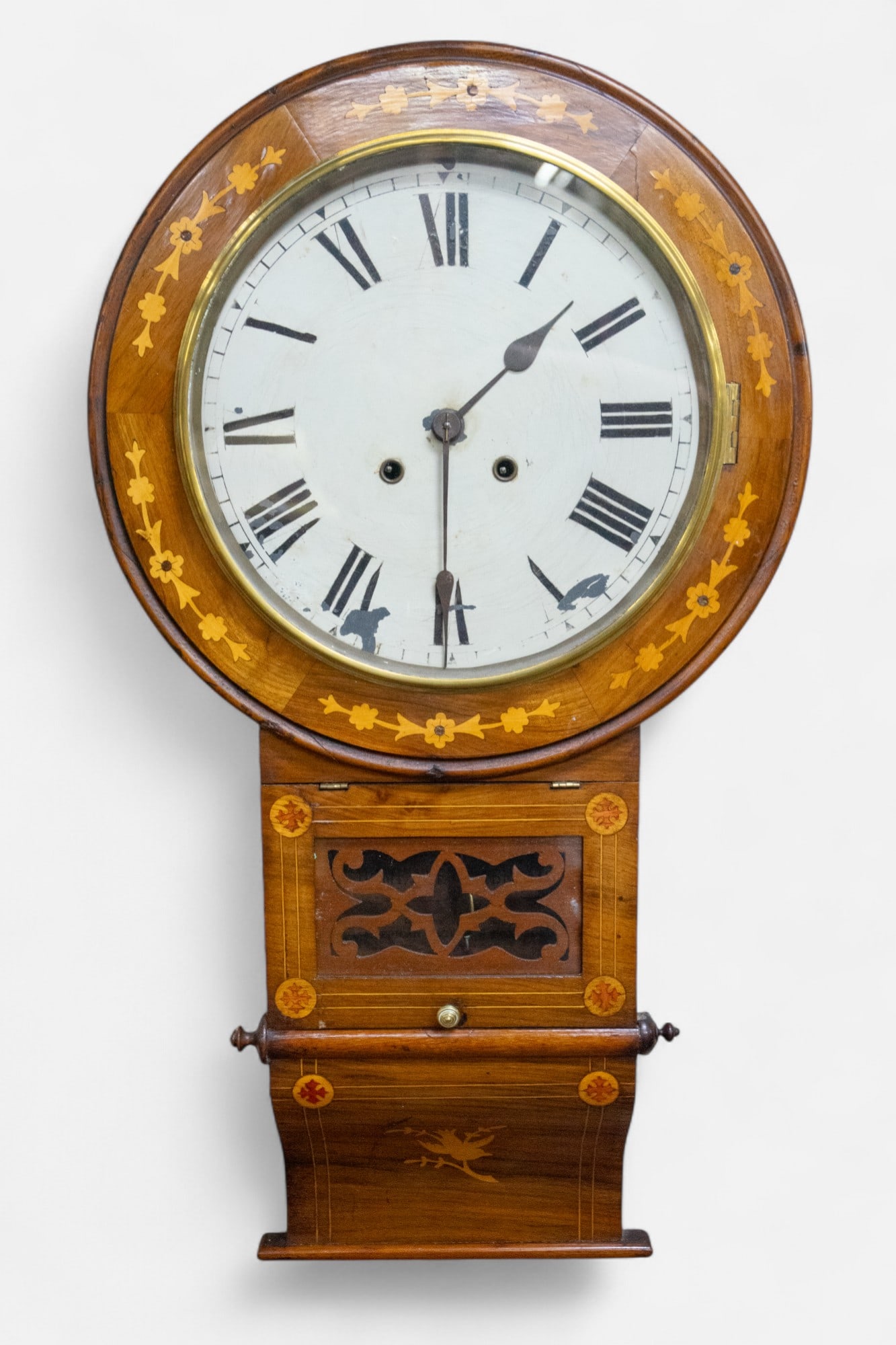 Ornate New Haven Wall Clock w/ Marquetry Inlay.: The working condition of the clock is unknown. The clock still has the original paper label that reads, "Jerome & Co.'s Superior 8-Day Anglo-American Clocks. For Home Use and Abroad. No Movement Genui