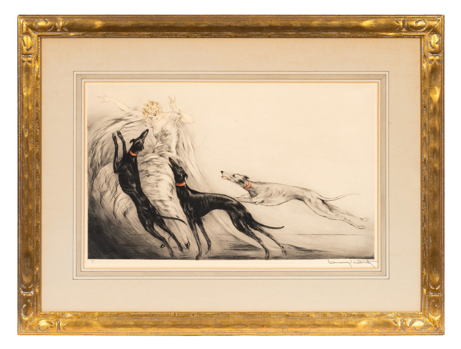 "Coursing II", Framed Louis Icart Etching.: Artist(s): Louis Icart (French, 1888-1950). Medium: Etching in colors. Signature(s): Pencil signed and numbered (226/500) in its lower margin. Windmill blindstamp, lower left. Paperwork: N/A Condition