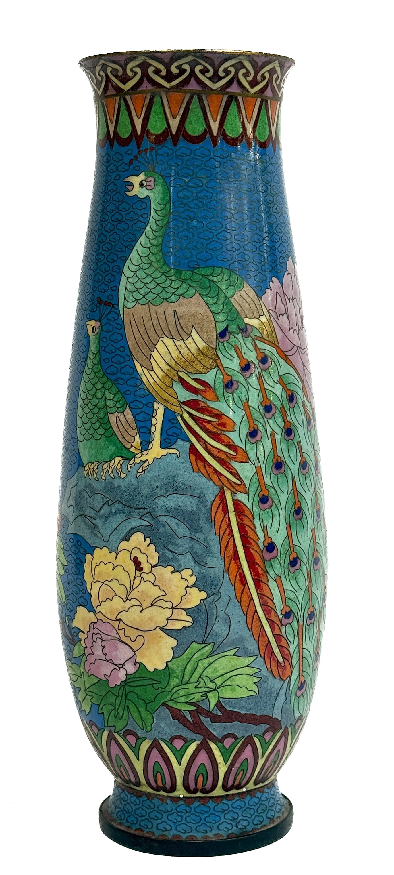 Tall Chinese Cloisonne Vase w/ Peacock Design.: The vase is in good overall condition. It measures 15 1/8" tall, and 5" in diameter at its widest point. In-house shipping is available. Please see our website regarding in-house shipping procedures.