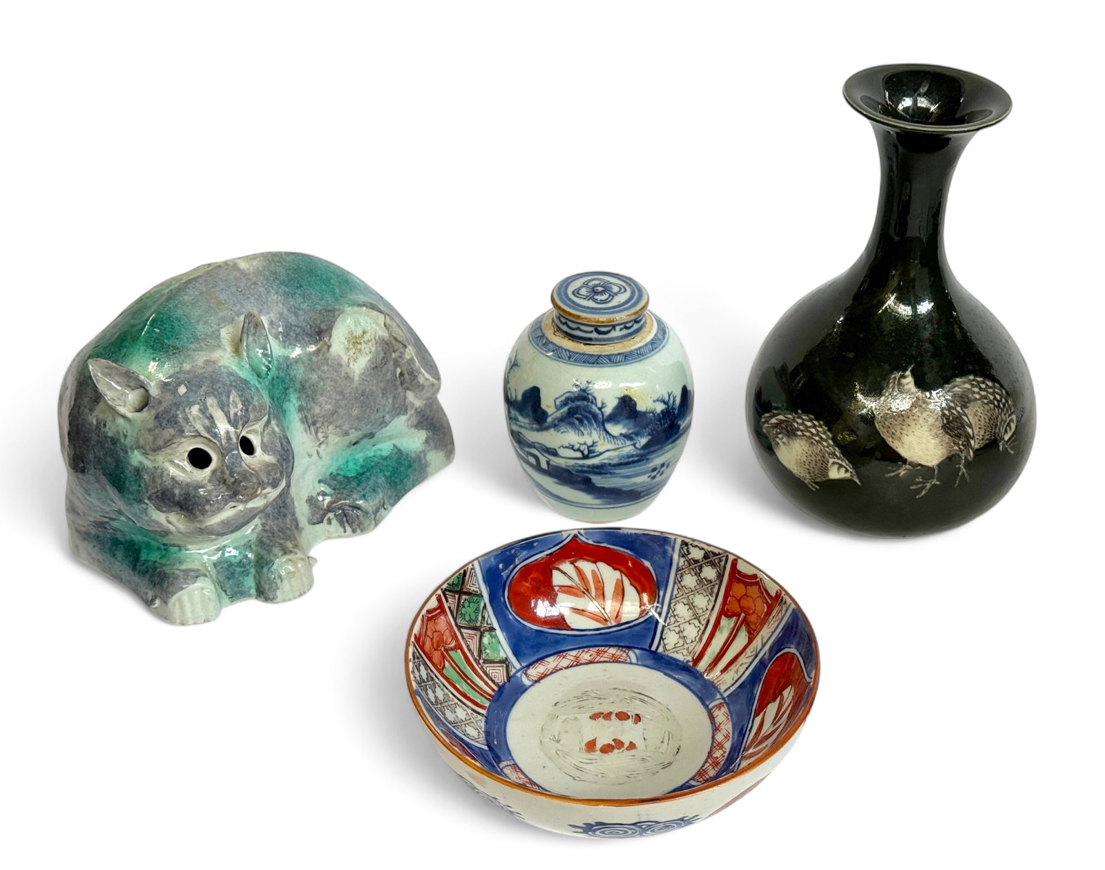 Lot of 4 Old Asian Porcelain Items.: The lot consists of a Japanese cat figure, a Japanese bowl, a Japanese vase with bird designs, and a Chinese blue and white porcelain jar. All items are in good overall condition. The vase measures 10