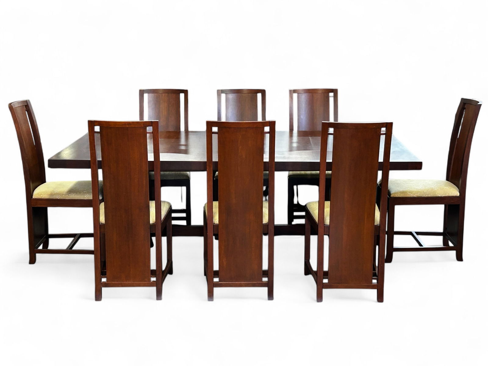 Copeland Furniture Frank Lloyd Wright Dining Set.: This solid cherry Frank Lloyd Wright design dining set includes a dining table, two leaves, and eight chairs. All the pieces seem to be sturdy and in good overall condition, though the upholstery is a