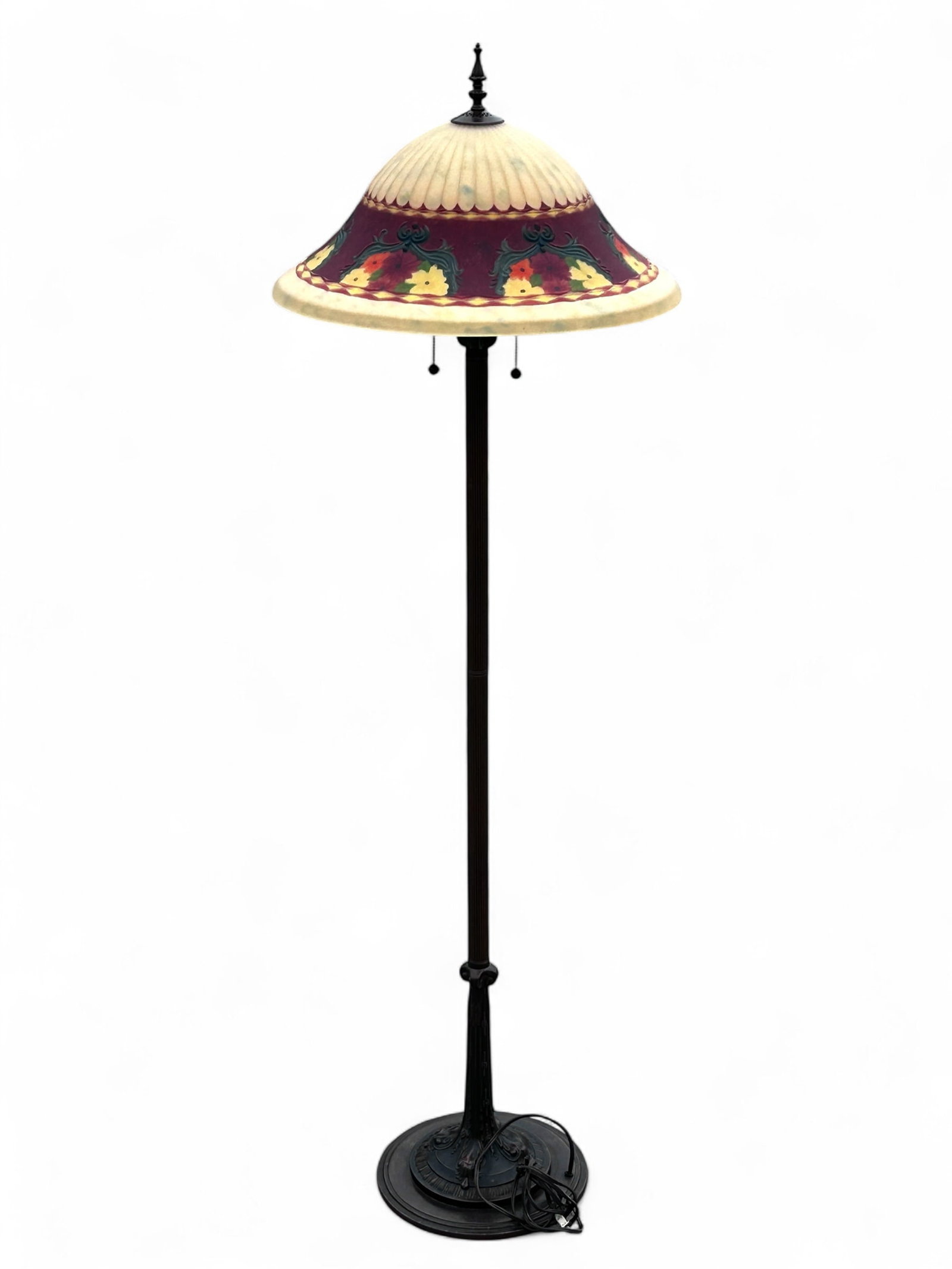 Reverse Painted Shade Floor Lamp.: This 3-light floor lamp has a ribbed bronze tone post, with raised designs on the round base. The bell shaped frosted glass shade has hand painted flowers on the inside, and a raised designed on the o