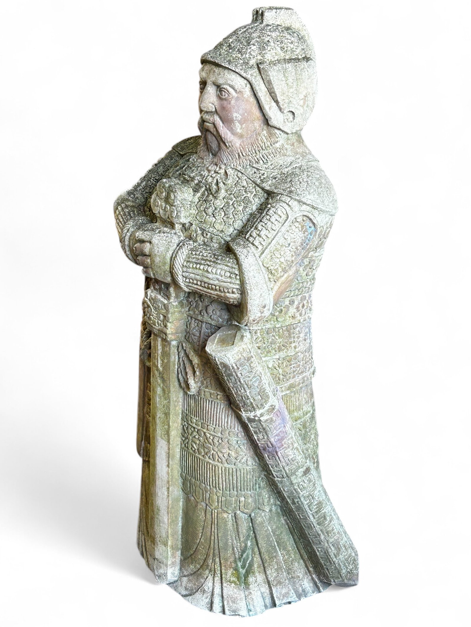 Large Cement Garden Sculpture of Asian Warrior.: This heavy, solid cement garden sculpture measures 49" x 19 3/4" x 14 3/4". There are some scratches and stains on the piece. Otherwise, it is in overall good condition. Third-party freight shipping o