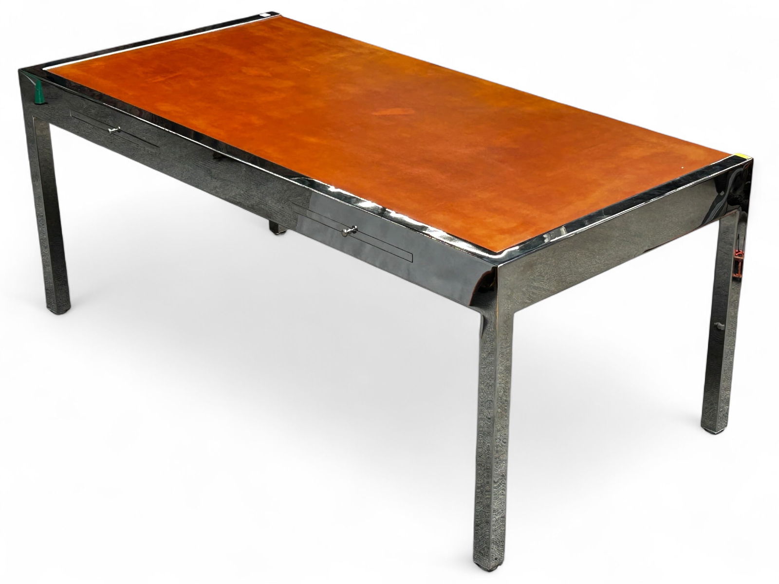 Leon Rosen for Pace Executive Desk.: This chrome and leather executive desk has three drawers and two pull out writing trays. There are some scratches, as well as slight discoloration to the leather top, but overall, the piece is in good