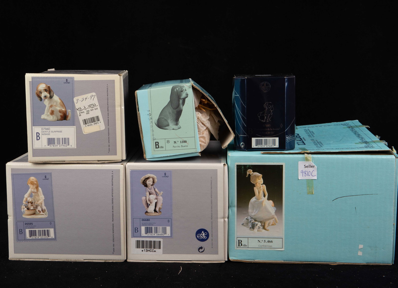 Lot of 6 Lladro Figurines w/ Boxes- Girls & Dogs.: The lot includes the following: "Friends Forever", "Joy in Basket", "Gentle Surprise", "A Friend For Life", "Good Puppy", and "Chit-Chat". They look to be in very good condition. The largest figure me
