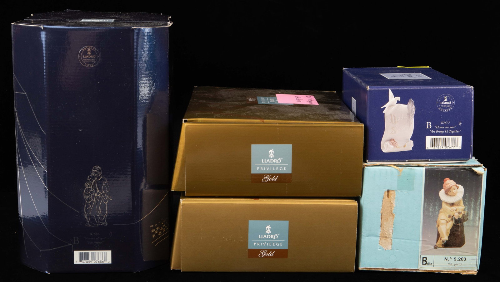 Lot: Lladro Figurines, Tealights, Salt & Pepper.: The original boxes are included. This lot includes a pair of Lladro Privilege Gold Asian style figural salt and pepper shakers, a Lladro Privilege Gold set of 6 tealight candles with a pagoda shaped v