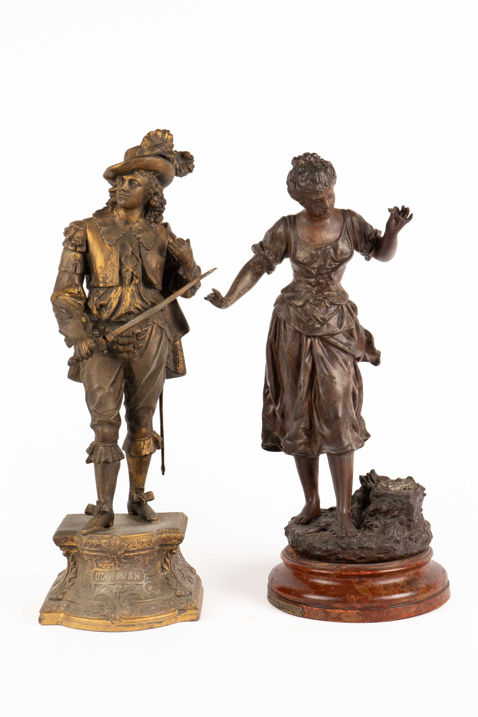 Lot of 2 Spelter Sculptures, inc. Don Juan.: They look to be spelter with a bronze-like finish. One is Don Juan, the other is a barefoot woman, after a work by Rancoulet. She is in As Is condition, with several missing elements, cracks, and a lo