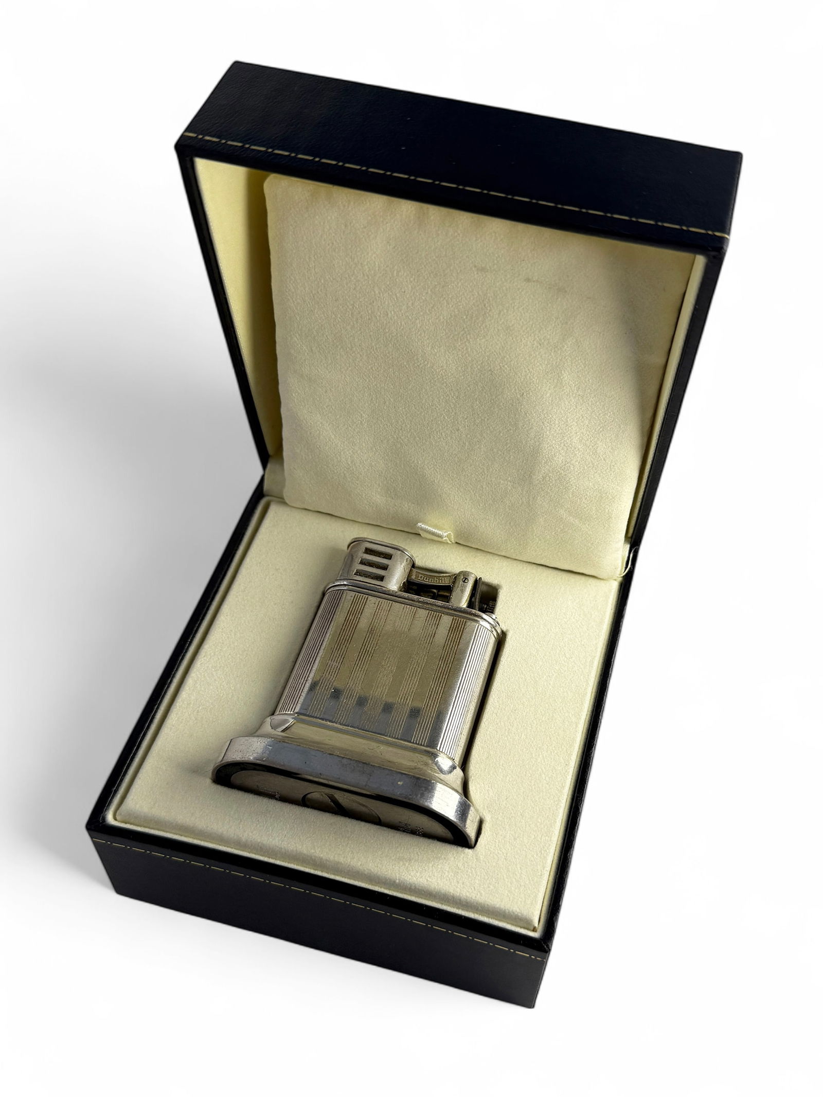 Alfred Dunhill Unique Club Table Lighter w/ Box.: The vintage lighter comes in its original box, with the original literature which identifies the model as Unique Club Table Lighter. The lighter is marked Made in England / 10358 / Dunhill on the unde