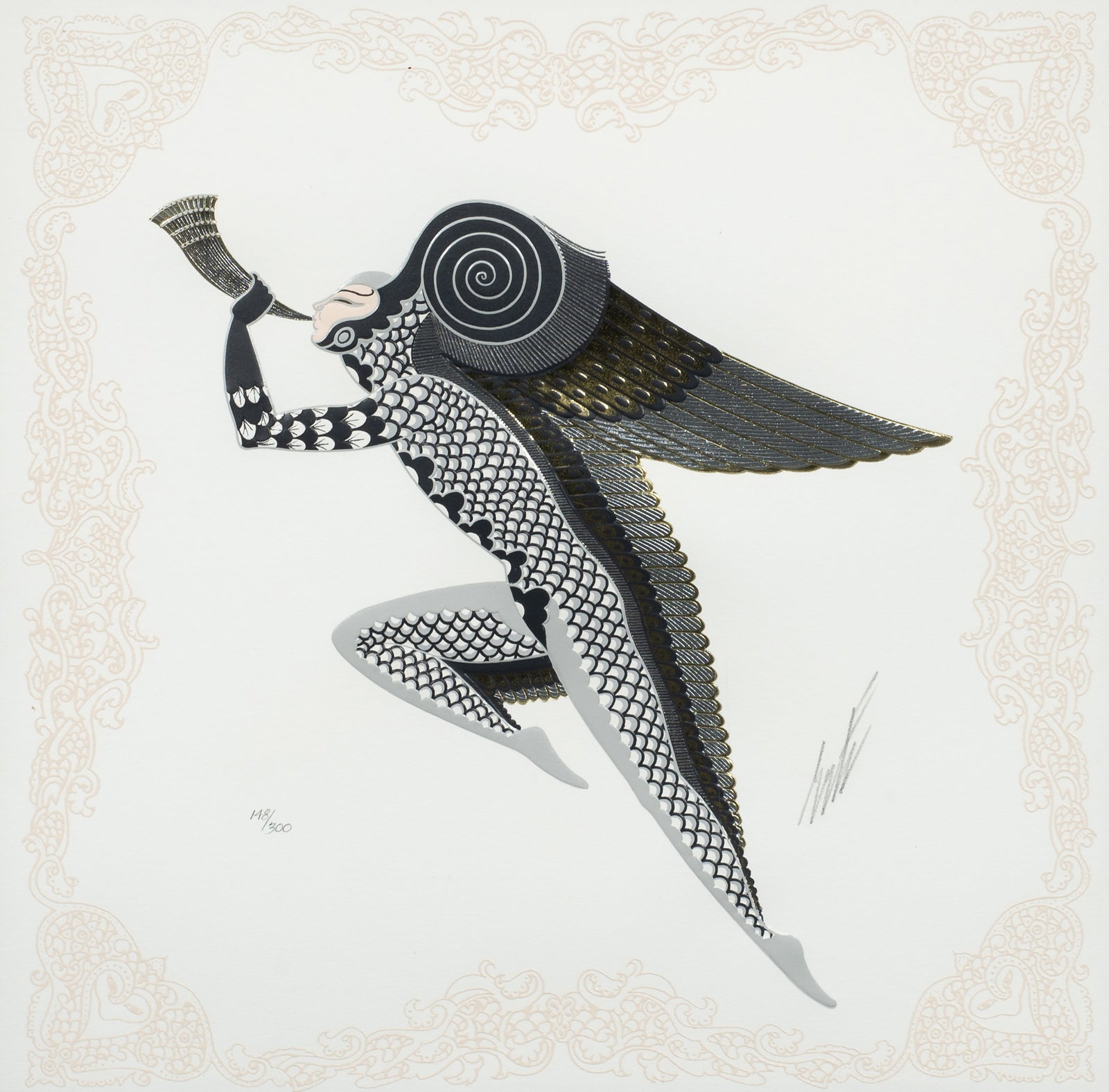 Erte (Romain de Tirtoff) Sgd. Serigraph, Zephyr I.: Artist(s): Erte (Romain de Tirtoff) (Russian, 1892-1990). Medium: Serigraph in colors with metallic embossments. Signature(s): Pencil signed and numbered (148/300) in its lower margin. Paperwork: N/A