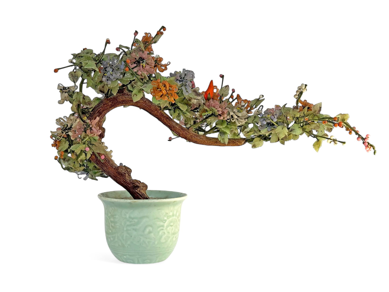 Chinese Jade Flowering Tree.: The tree is in good overall condition, with some wear to use. It measures 18" tall, 23 1/2" wide, and 11 3/4" deep. Third-party shipping or personal pickup is required. Please see our website for our