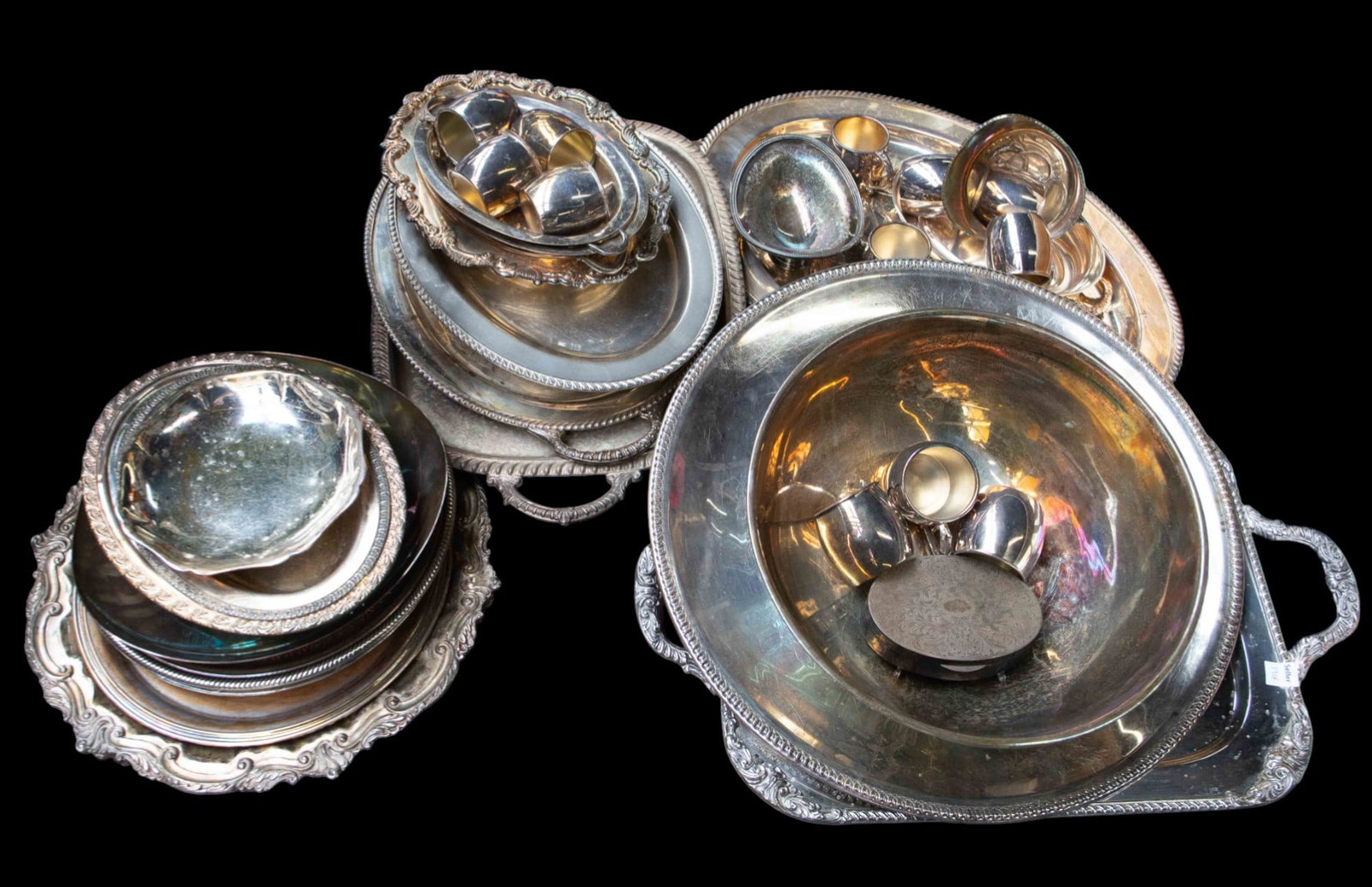 Lot of Silverplate Items - Fornari, Fisher, Etc.: The lot includes 35 items. There are trays, coffee cups, bowls, plates, and a small box. The brands observed are Sheffield, Elport, EGW&S, Wilcox, West Germany, Fisher, F.B. Rogers, Fornari, England, 