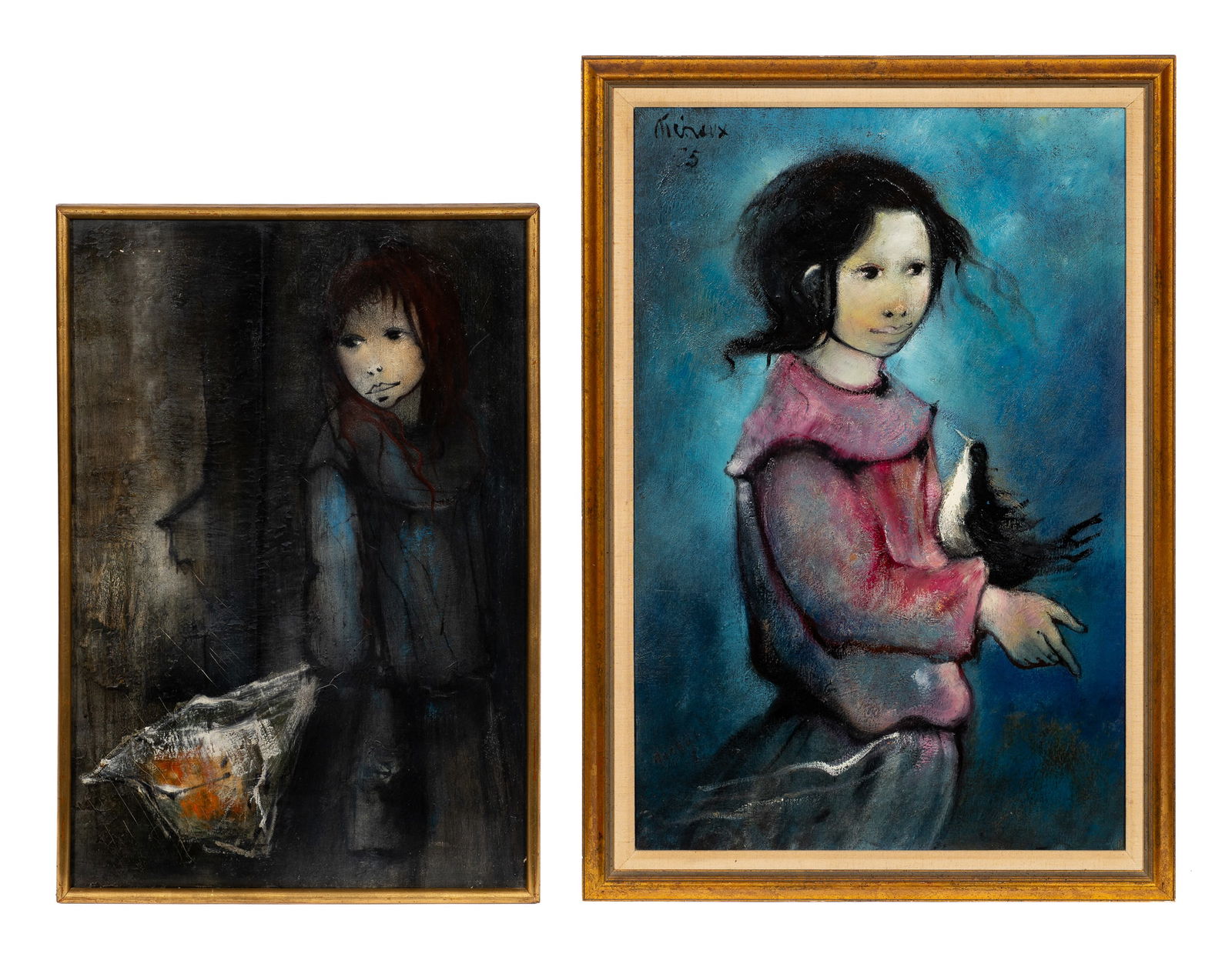 Two Portraits of Girls by Michelle Michaux.: Artist(s): Michelle Michaux (French, b. 1927). Medium: Oil paintings on canvas. Signature(s): The larger blue one is signed upper left. Paperwork: N/A Condition: The smaller work has heavy craquelure