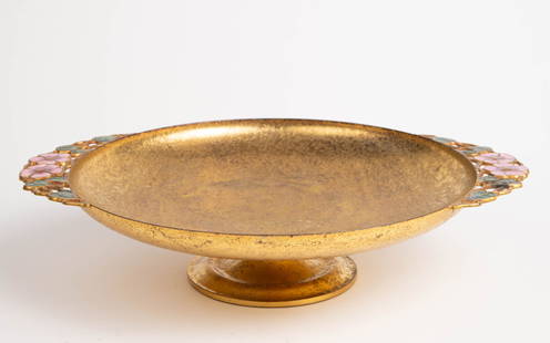 Tiffany Furnaces Dore Bronze Enameled Center Bowl.: The centerpiece footed bowl is signed Louis E. Tiffany Furnaces Inc. / Favrile 522 on the underside. It features a textured dore bronze body, with pierced handles decorated with enameled flowers and l