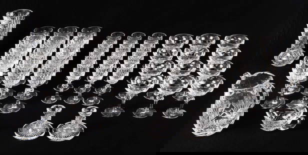 Waterford Curraghmore Stemware & More - 41 Pcs.: The lot contains 41 items of Waterford cut crystal stemware, and other items in the Curraghmore cut. There are 12 wine glasses, 12 coup glasses, and 12 port glasses. The lot also includes a pitcher, a