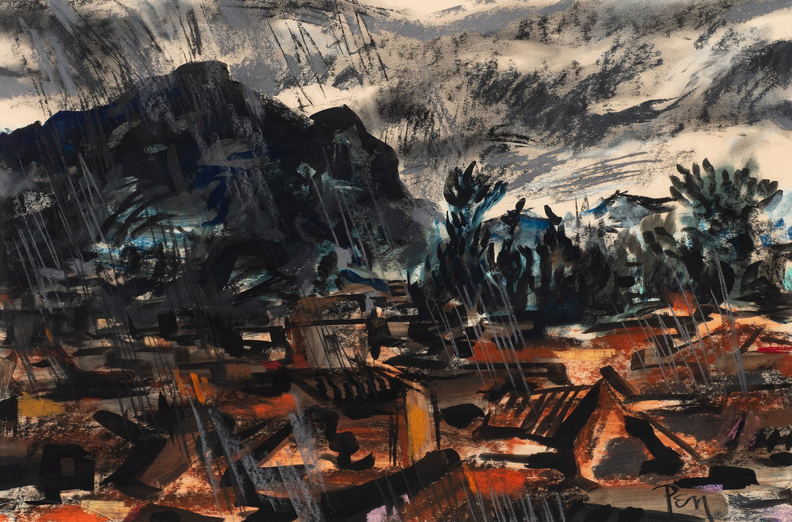 Mexico, Abstract Watercolor by Rudolph Pen.: Artist(s): Rudolph T. Pen (American, 1918-1990). Medium: Watercolor and pastel on paper, mounted to board. Signature(s): "Pen", lower right. Paperwork: Attached en verso is an artist's label. Conditio