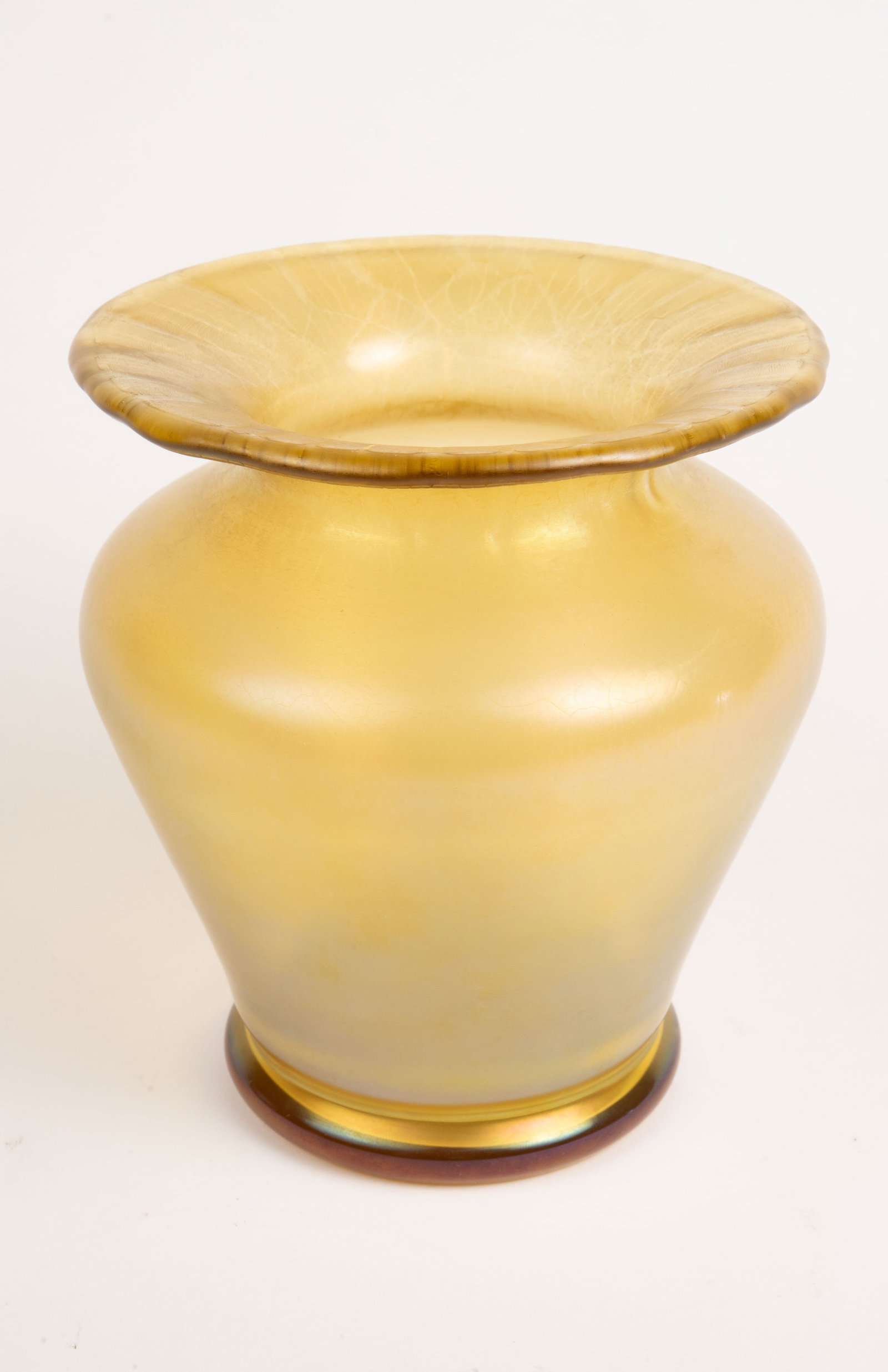 Loetz ? Iridescent Vase w/ Flared Rim.: It is signed, "Loetz Austria" underneath. There is a small stain on the vase, from a black marker. Otherwise, it looks to be in good condition. The vase measures 6 1/2" tall and 6 3/8" across. In-hous