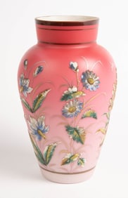 Peachblow Style Satin Glass Vase w/ Flowers.