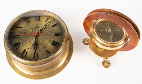 Lot: Junghans Ship Clock, Brass and Wood Compass.