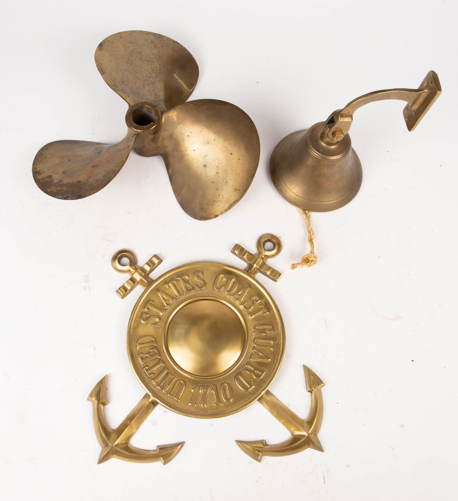 Lot of 3 Nautical Items: Propeller, Bell, Plaque. (1 of 8)