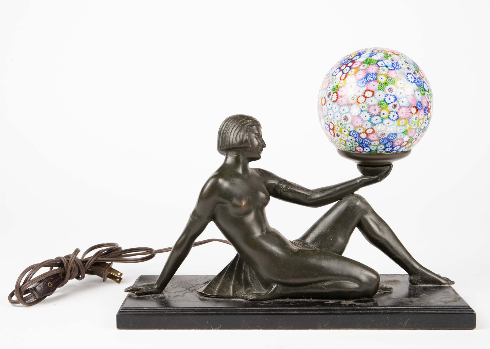 Art Deco Style Bronze Nude Lamp w/ Millefiori Shade.: It is an Egyptian Revival bronze table lamp of a nude woman holding a colorful glass globe in her outstretched hand. It could use a light cleaning, but looks to be in otherwise good condition. It meas
