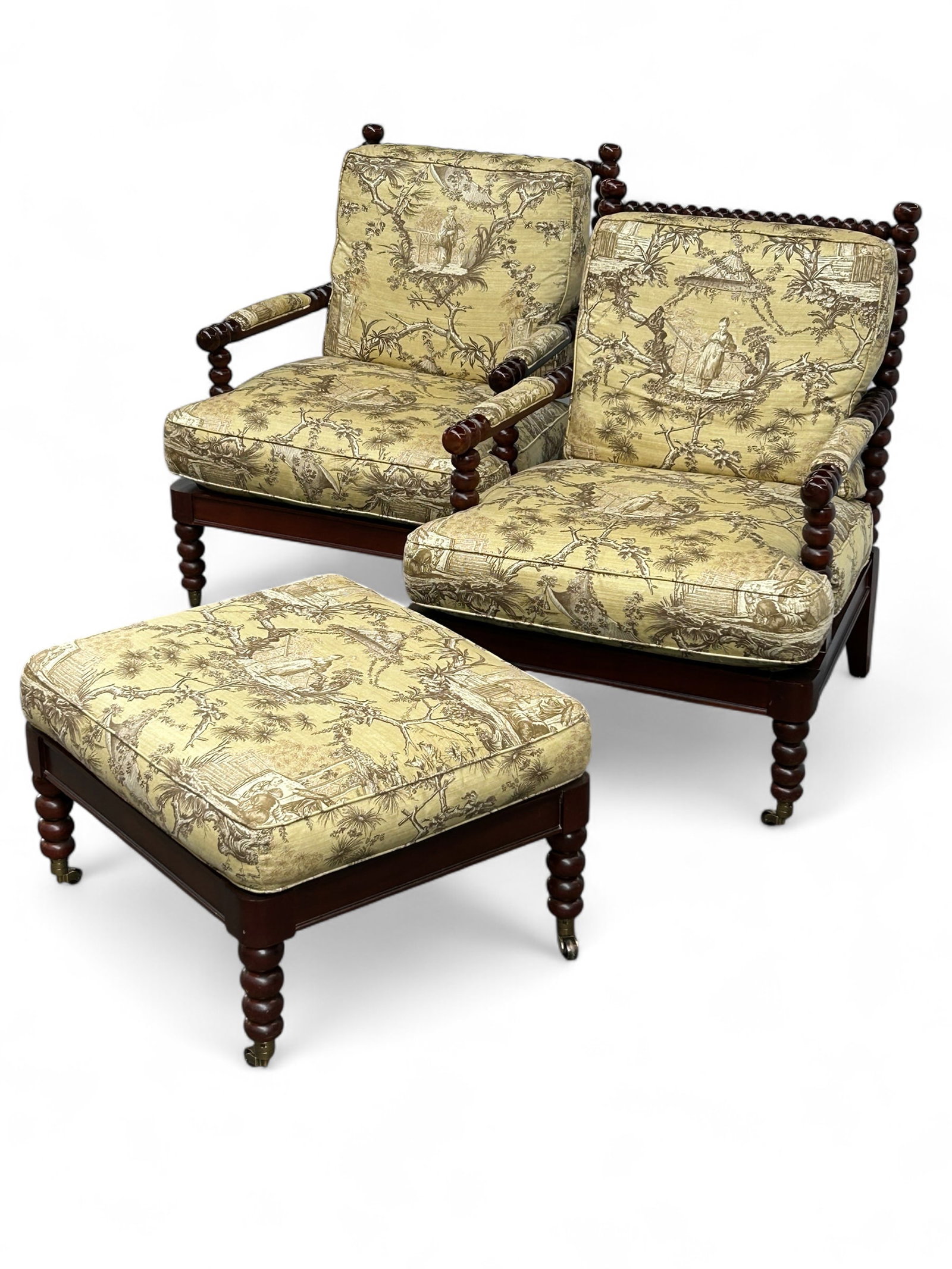 Pr. Hickory Chair Spool Leg Club Chairs w/Ottoman (1 of 8)