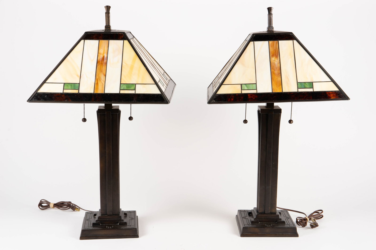 Pair of Prairie School Style Stained Glass Lamps. (1 of 5)