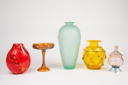 5 Crystal & Art Glass Pieces - Iridescent, Murano.