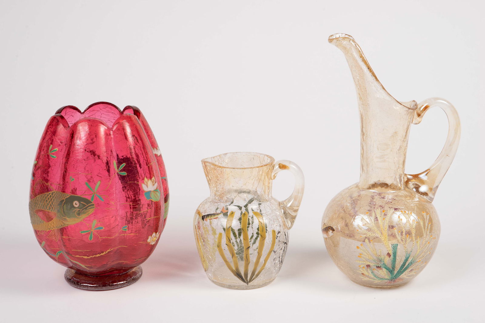 Lot of 3 Moser ? Crackle Glass Pcs. w/ Fish Motif. (1 of 6)