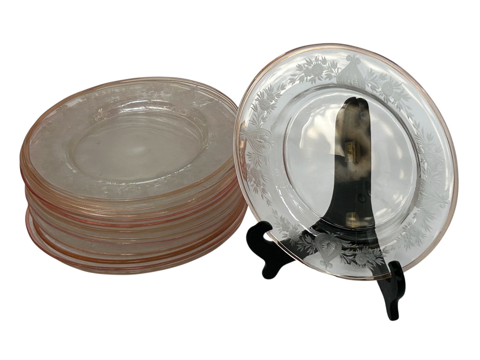 13 Steuben Van Dyke Engraved Plates w/ Coral Rim. (1 of 9)
