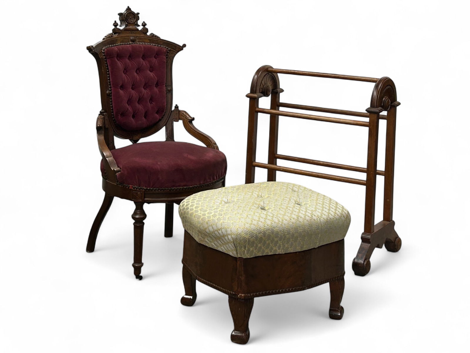 3 Pc Lot: Victorian Chair, Rack & Empire Footstool (1 of 20)