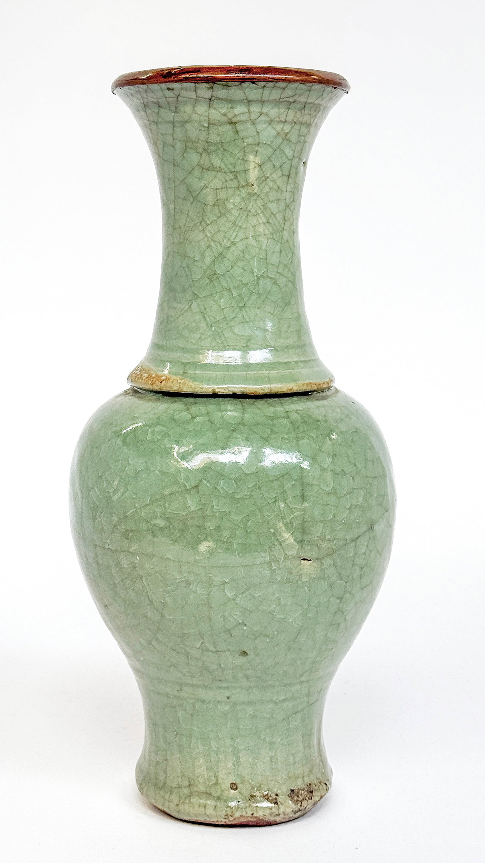 Old Chinese Longquan Celadon Crackle Glaze Vase.: The vase has imperfections from when it was made. It has a copper rim. The vase looks to be in good overall condition. It measures 13" tall and 5 1/4" in maximum diameter. In-house shipping is availab