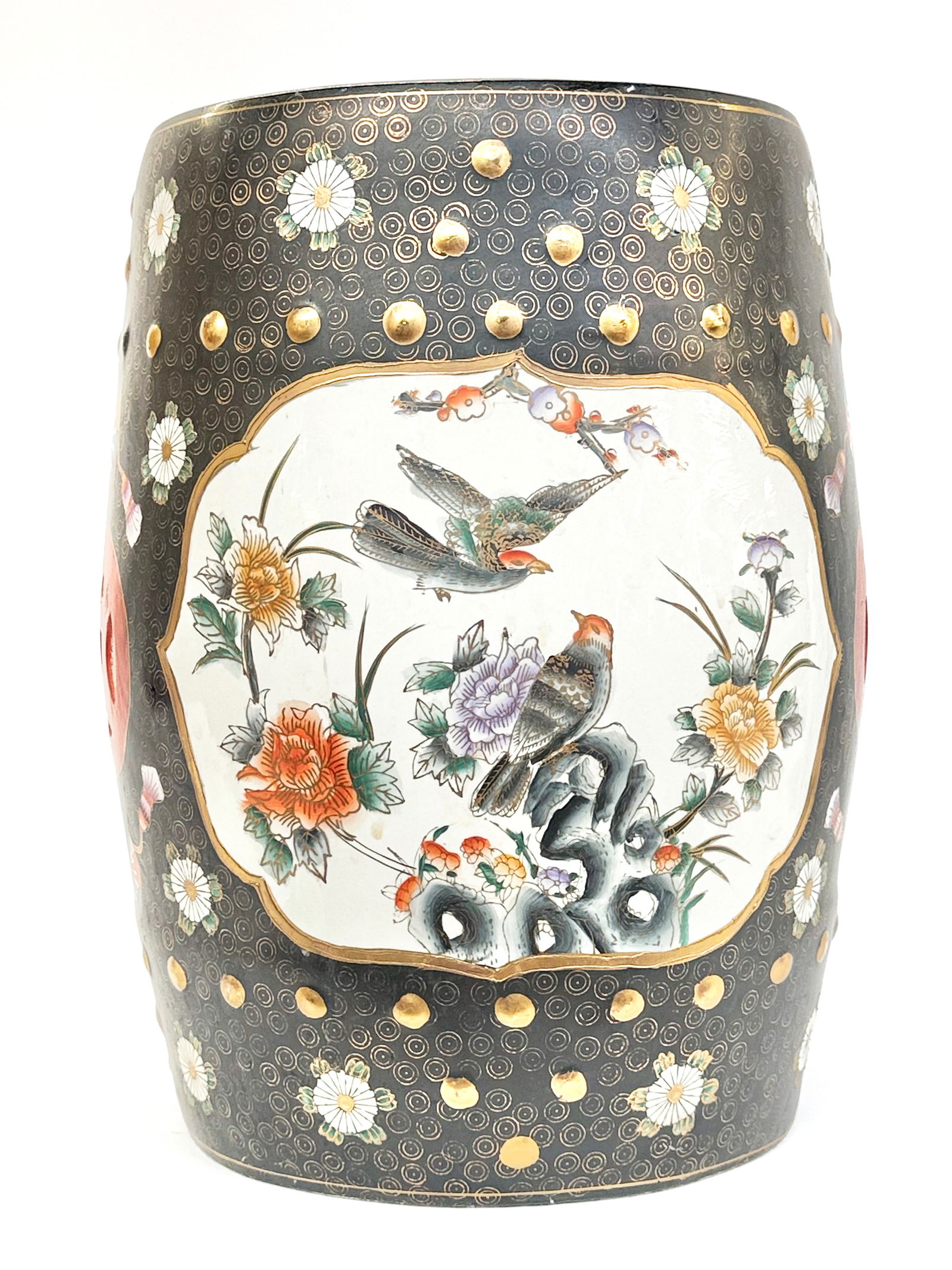 Chinese Colorful Painted Porcelain Garden Stool.: The stool has some paint wear in several spots, but is in good overall condition. It measures 18 1/4" tall and 13" in maximum diameter. Third-party shipping or personal pickup is required. Please see