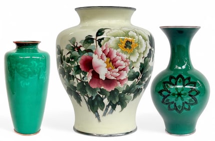 3 Japanese Wireless Cloisonne Vases, inc. Ando.