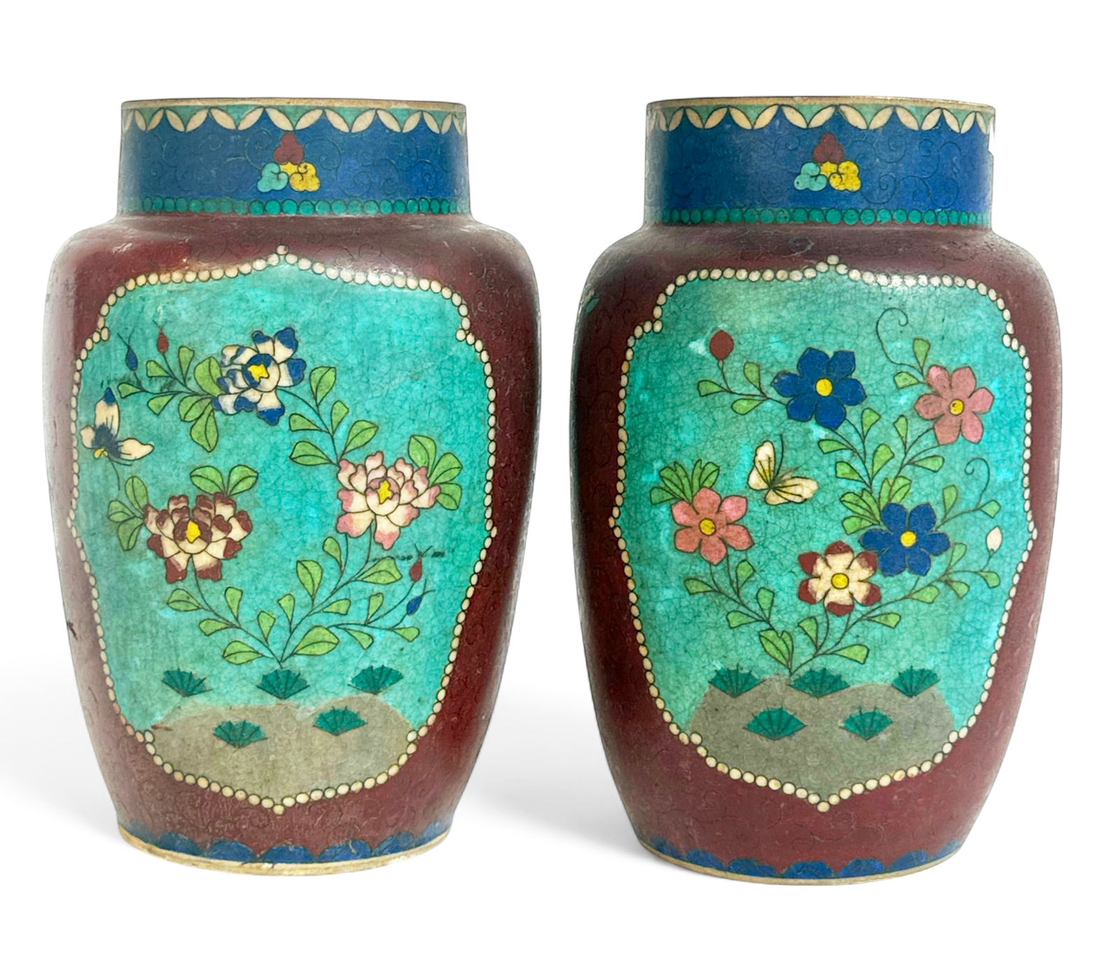Pair of Old Japanese Totai Cloisonne Vases.: Both pieces are signed on their undersides. They look to be in good overall condition for their age. Each vase measures 9 3/4" tall and 5 7/8" in diameter. In-house shipping is available. Please see o