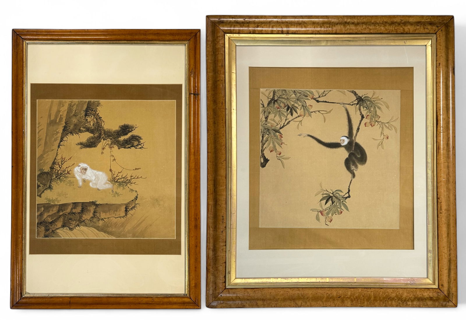 2 Japanese Ink & Color on Silk Paintings, Monkeys.: The vintage paintings look to be in good overall condition. They are unsigned. The silk size on each of them measures 15 3/4" x 15 3/4". The frames measure 32 1/4" x 21 3/4" and 33 1/2" x 28". The pai