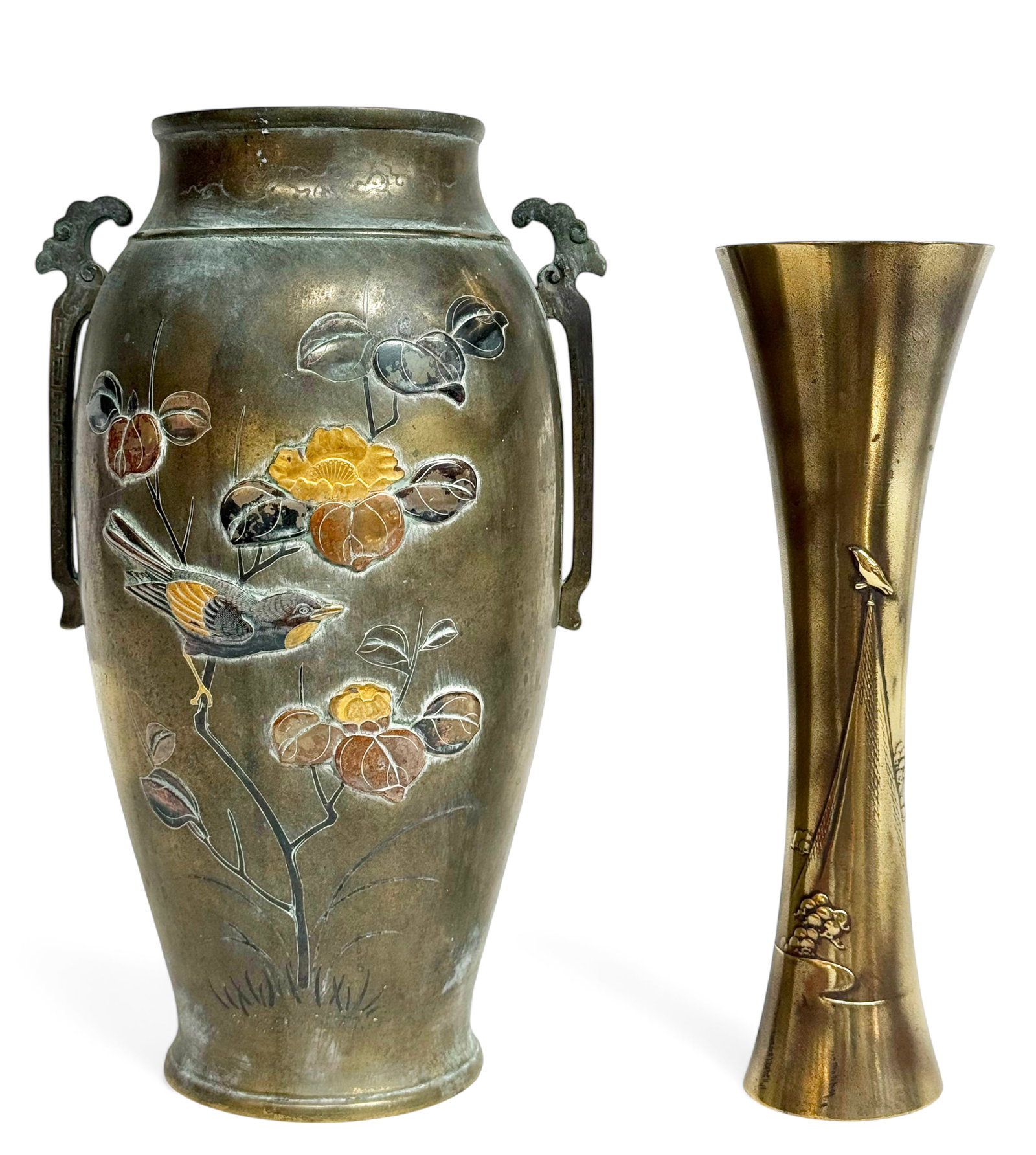 Meiji Period Japanese Mixed Metal & Bronze Vases.: The lot includes a gold and silver gilded / inlaid meiji period vase, and a later thin bronze vase. The meiji period vase has discoloration and wear. The bronze vase looks to be in good overall condit