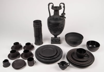 Lot: Wedgwood Black Basalt Ware Vases & Dishes.