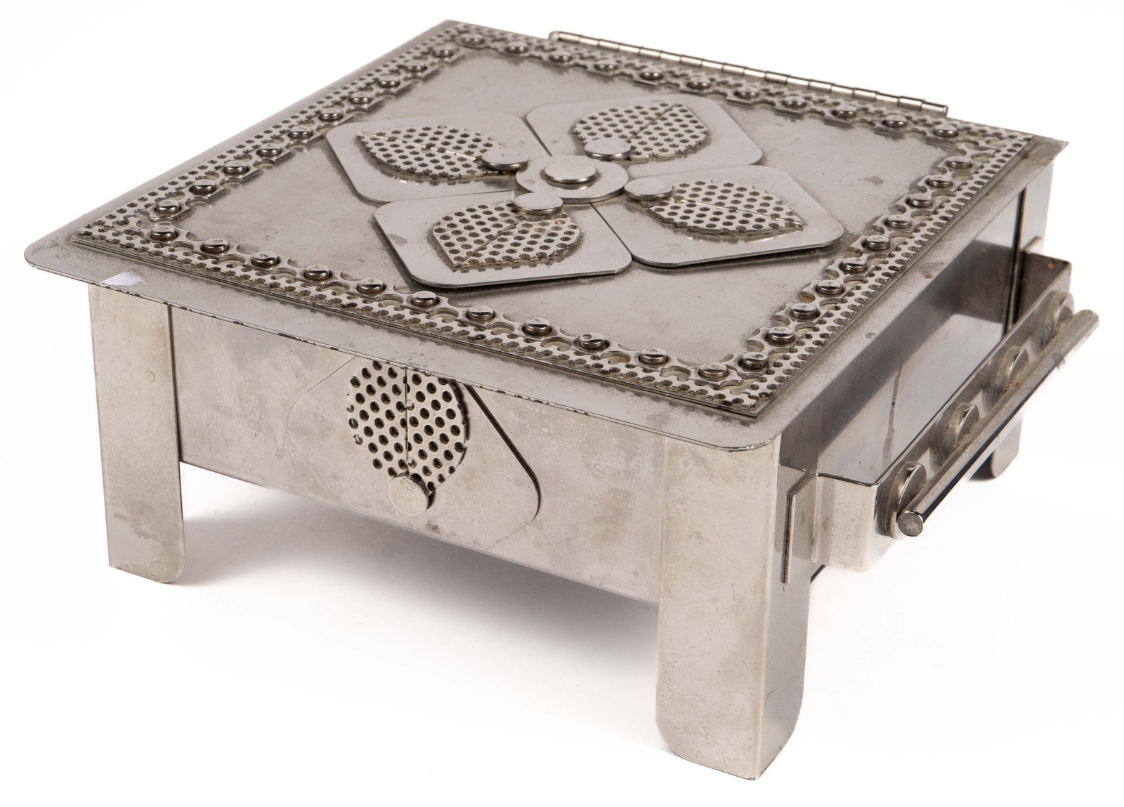 Stanley Szwarc Signed Folk Art Jewelry Box.: The box has a flower motif. It is signed underneath, and is dated 1999. It could use a light cleaning, but is in overall nice condition. It measures 8 1/2" x 7 3/4" x 3 1/2". In-house shipping is avai