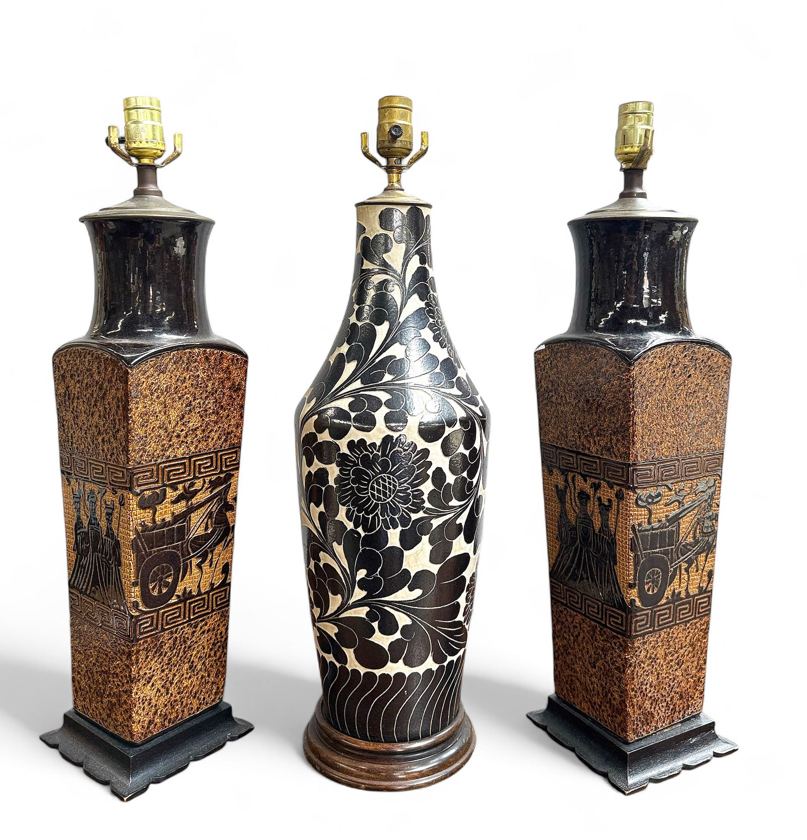Lot of 3 Asian Style Lamps, As Is.: They are without harps or finials. Two of them are a pair, with images of horse carriages and court officials. They each measure 5 1/8" x 5 1/8" x 24 3/8". The third lamp has a flower motif. It measur