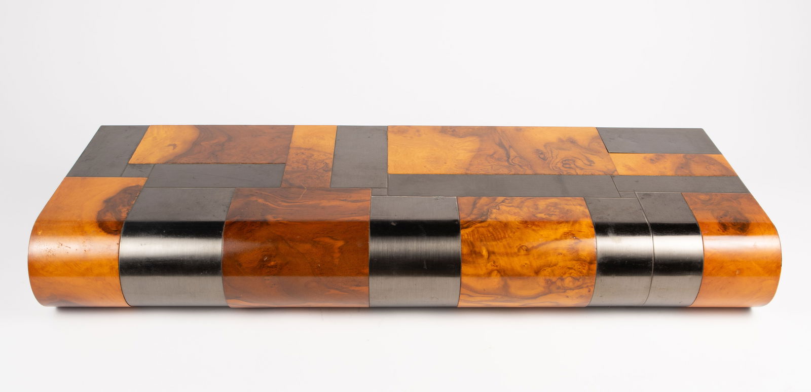 Burled Wood and Metal Curved Mod Wall Shelf. (1 of 9)