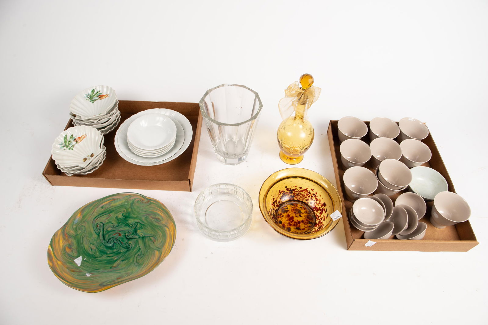 Lot of Glass, Crystal & Ceramic Items - P.F.C, Etc: The lot contains 33 items. There is set of 10 porcelain clam shell shaped plates with images of vegetables by P.F.C. France, 7 pieces of Sheffield Bone White porcelain plates and bowls, 10 Japanese ?