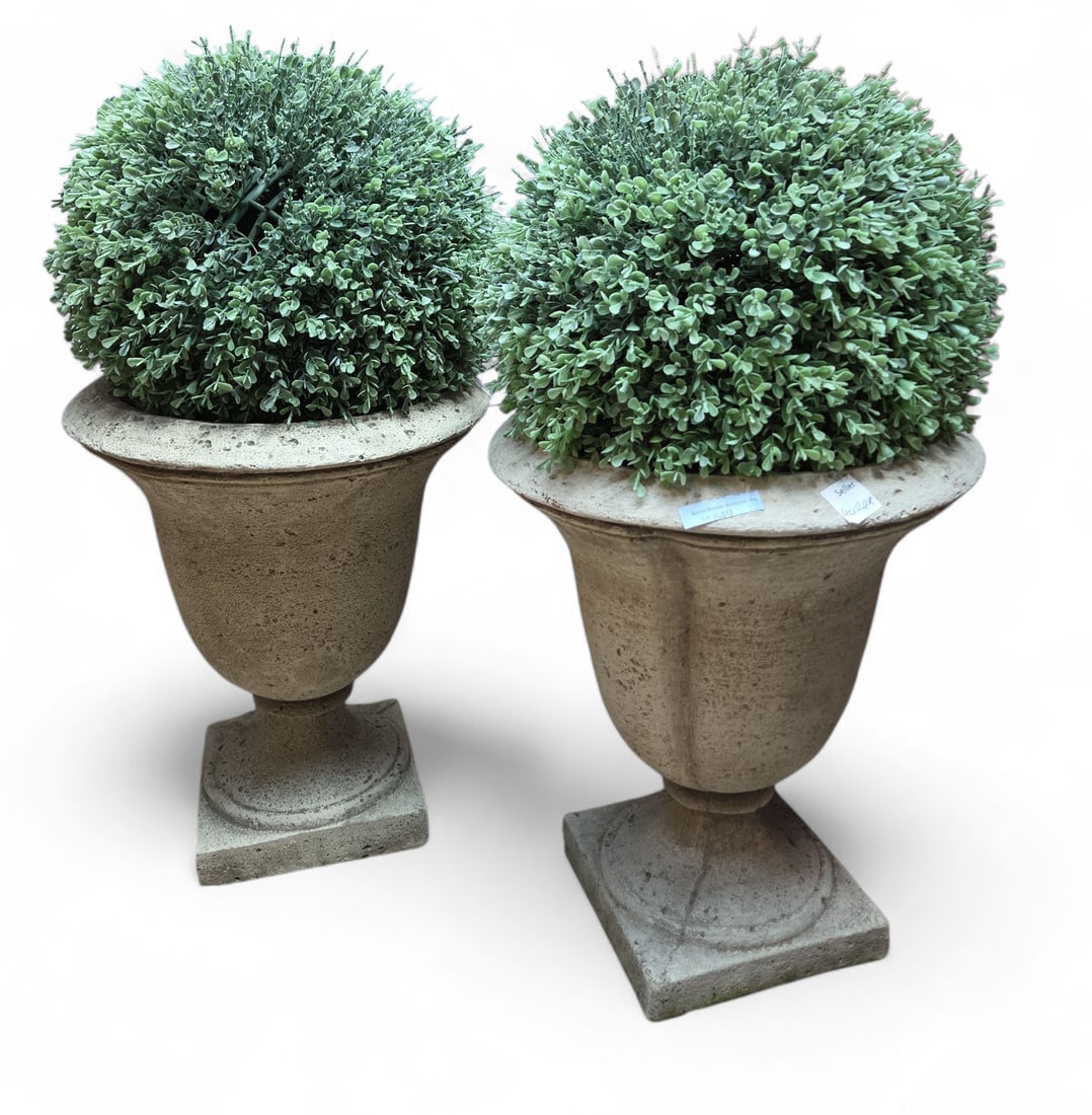 Pair of Cement Garden Planters with Faux Topiaries (1 of 4)