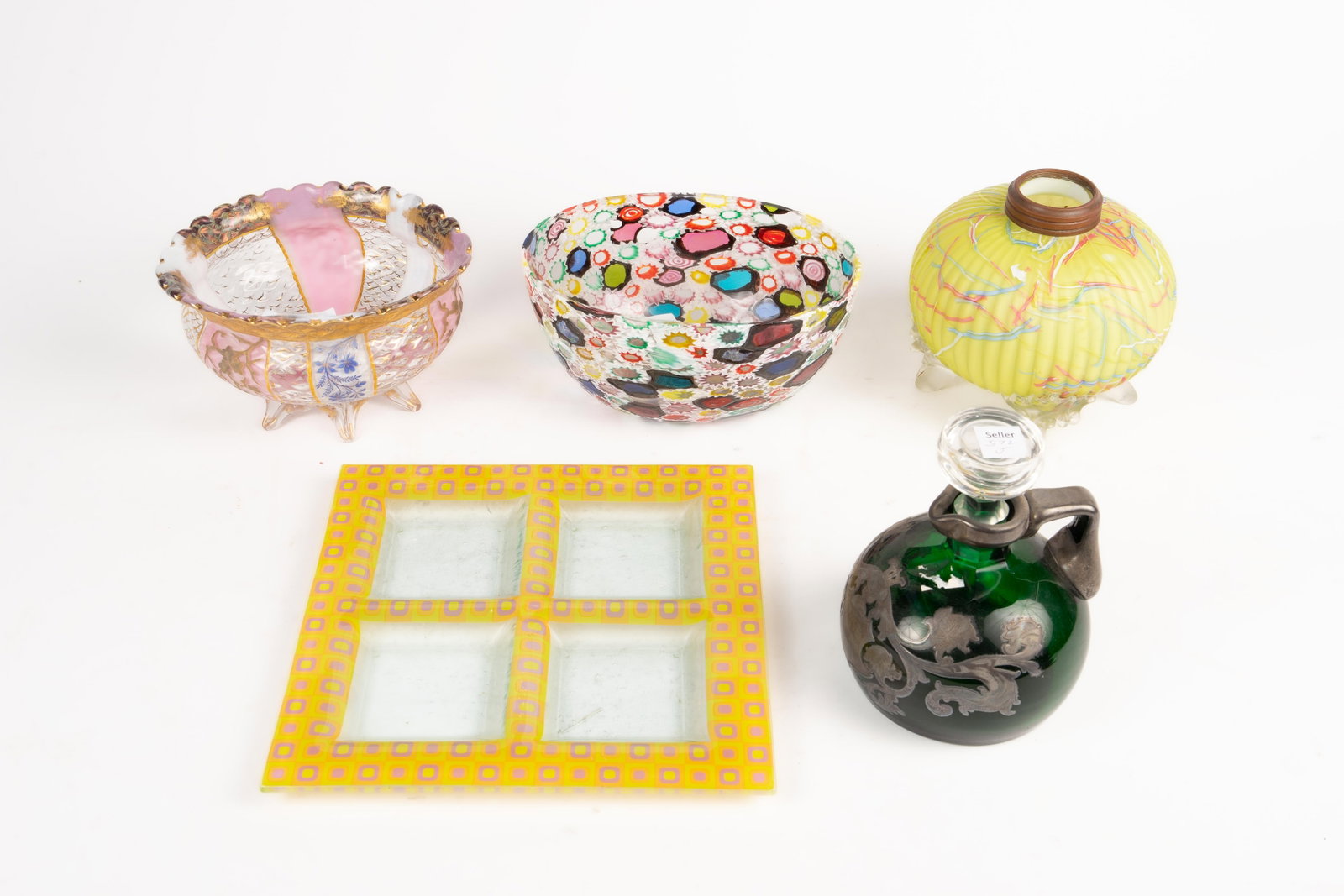 Lot of Art Glass - Murano, Kosta, Peloton, Etc.: The lot contains 6 items. There is a Murano millefiori bowl, a Peloton footed vase, and a Kosta footed bowl. Next, there is a Venetian glass bowl with a scalloped rim, and an antique decanter with sil